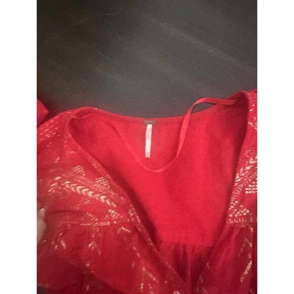 Free People Womens Shirt Counting Stars Peasant Top Sz Medium Red Gold Cotton - Picture 4 of 6